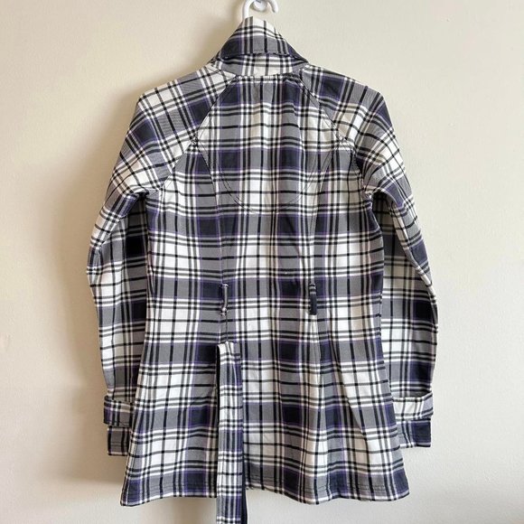 Size S Wet Seal Purple, Gray, and White Plaid belted and button up Women's Trenc - Picture 2 of 10